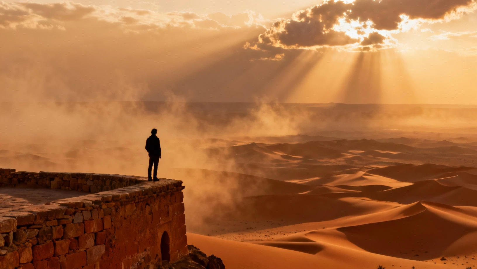 Voyageur contemplant un paysage désert au coucher du soleil